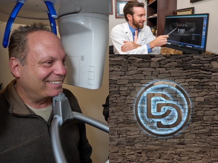 Collage featuring dental patient getting scans of his mouth and dentist gesturing to dental x rays